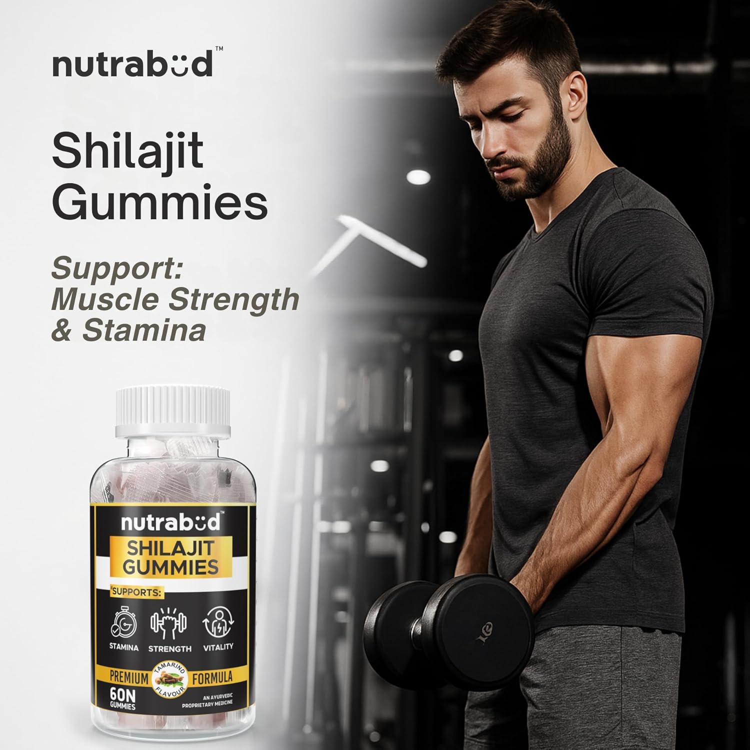 Nutrabud Pure Shilajit/Shilajeet Gummies 100mg For Men, Women - 60 Gummies | Boosts Stamina & Improves Energy Levels | Tamarind Flavour Veg Gummy Supplement (60 Count (Pack of 1), Tamarind)