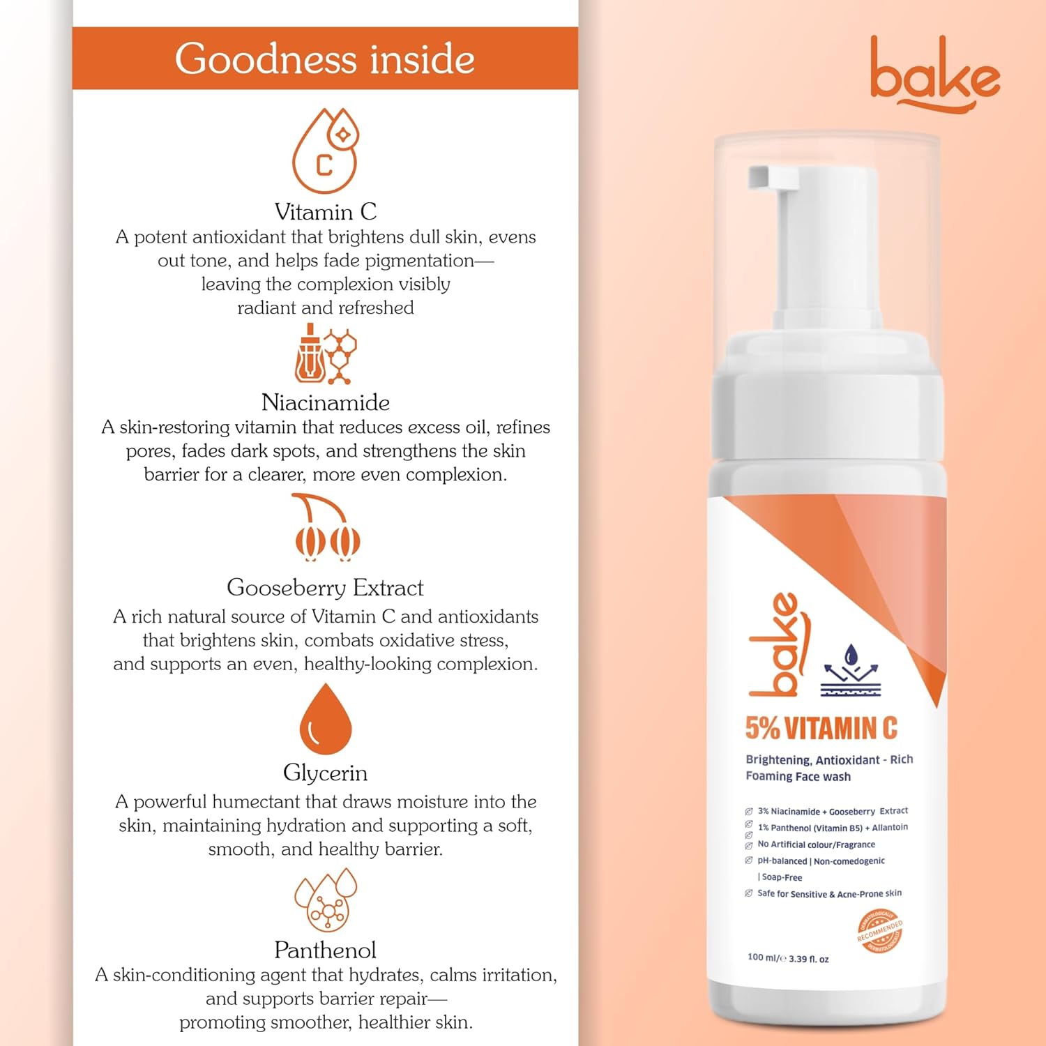 BAKE 5% Vitamin C Foaming Face Wash with Niacinamide | Brightening Face Wash for Pigmentation, Dark Spots & Uneven Skin Tone | Antioxidant Rich Cleanser for Dull, Normal to Oily Skin â€“ 100ml