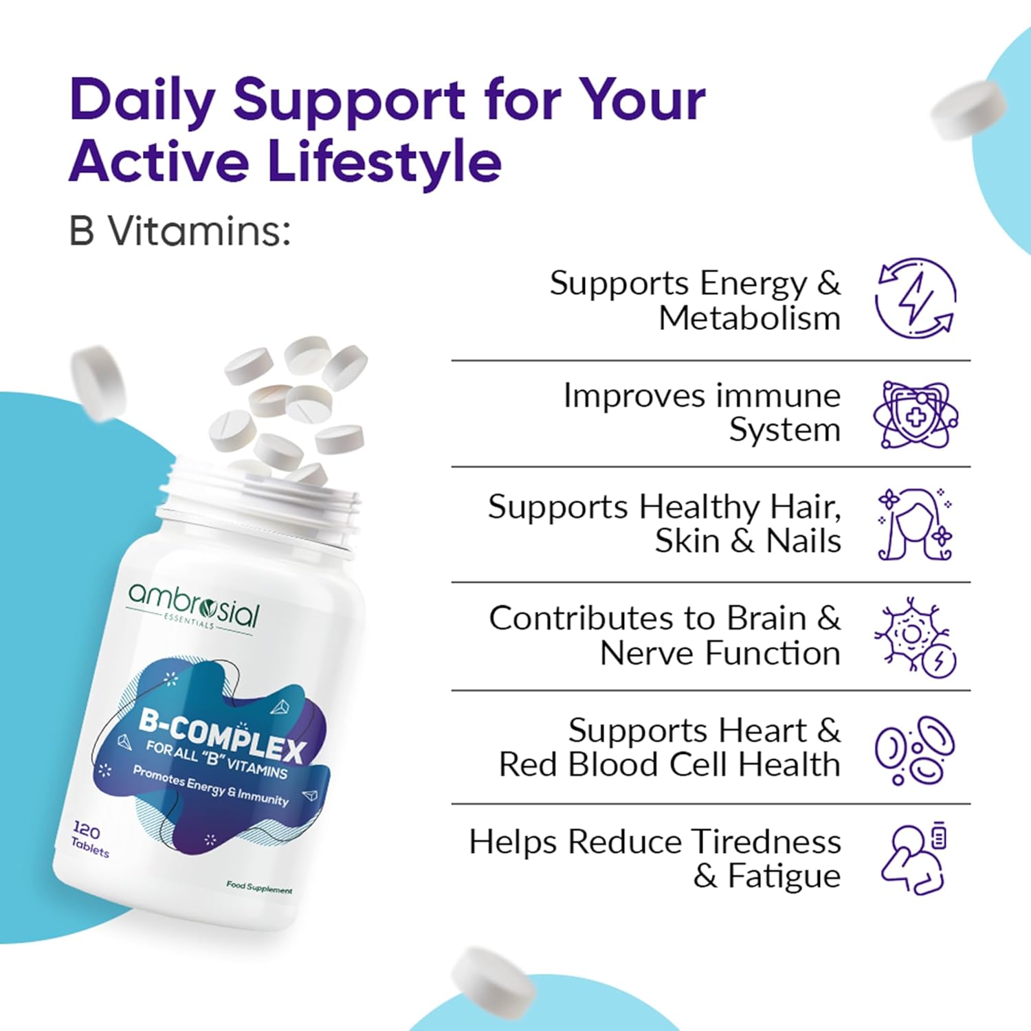 Ambrosial Vitamin B-Complex Tablets with Vitamin B1, B2, B3, B5, B6, B9, B12 & Biotin | Complete B-Vitamin Supplement | Vitamin B Complex Supplement for Women & Men - 120 Vegetarian Tablets