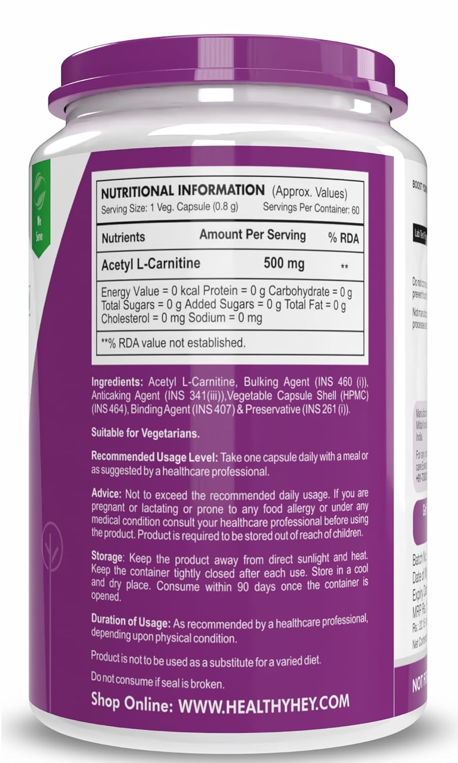 HealthyHey Nutrition Acetyl L-Carnitine (ALCAR)-60 Veg Capsules (Pack of 1)