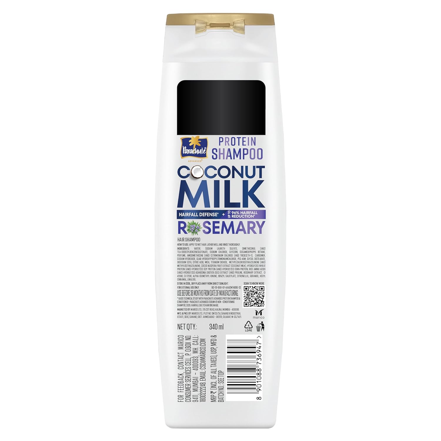 Parachute Advansed Protein Shampoo with Coconut Milk & Rosemary | Up to 96% Hair Fall Reduction & up to 23X Hair Fall Control | Protein Lock Technology | Paraben free | For Men & Women | 340ml