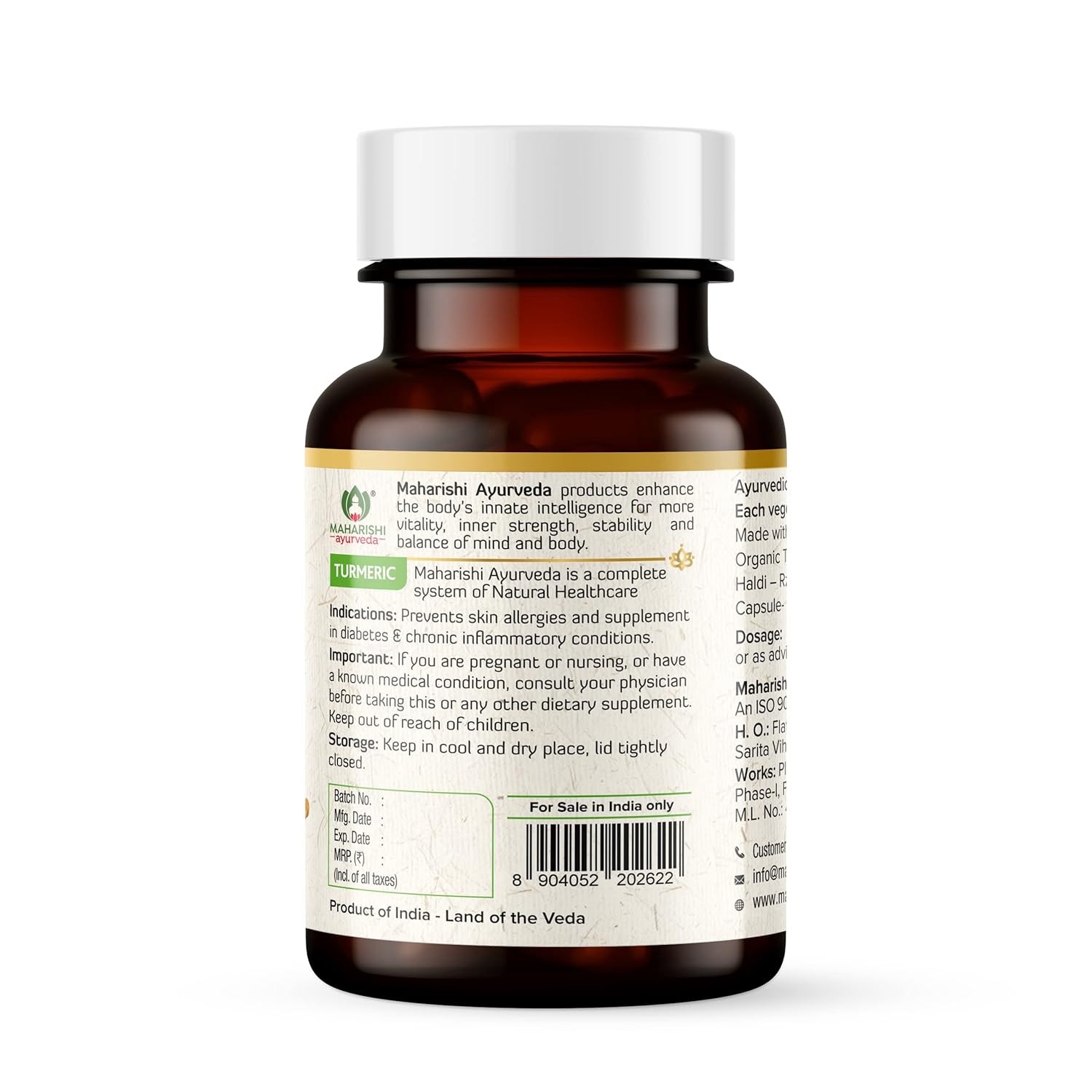 Maharishi Ayurveda 100% OrganicTurmeric Capsules 500 MG |Boosts Immunity | Joint Support | Anti-Inflammatory | Supports Skin Health | 60 Capsules