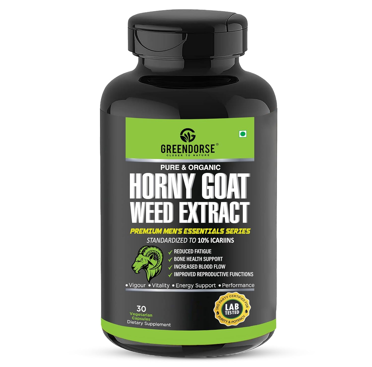 GREENDORSE Horny Goatweed (Epimedium) Extract Capsule | High Potency 10% Icariin by HPLC | For better Circulation, Strength, Stamina, Performance & Energy - 30 Veg Capsules