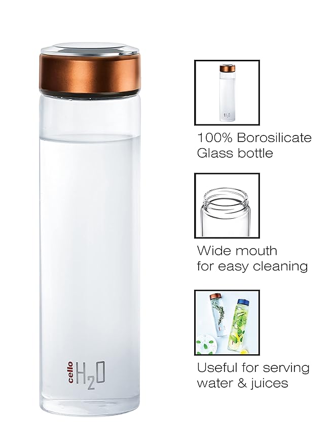 Cello H2o Borosilicate Glass Water Bottle | 600 ml