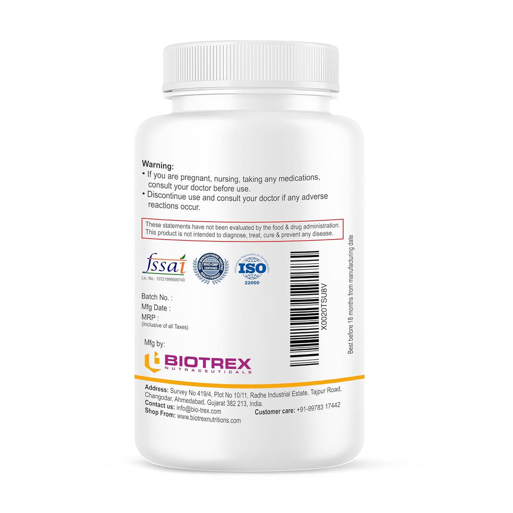 Biotrex Nutraceuticals Magnesium Glycinate | Highest Bioavailability | Cramps, Sleep & Mood balance | Chelated Form With Superior Absorption | Muscle Recovery & Nerve Function | 120 Veg Capsules
