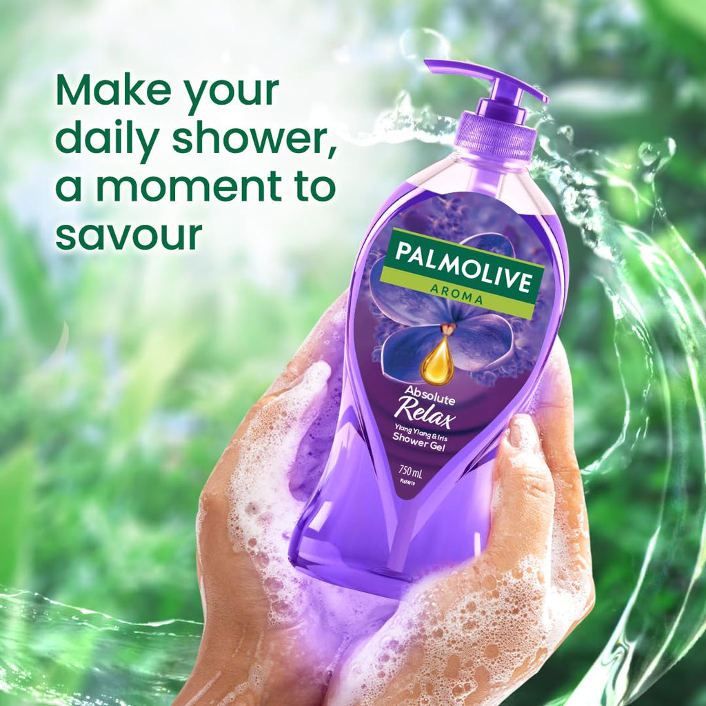 Palmolive Aroma Absolute Relax Body Wash, Gel Based Shower Gel with 100% Natural Ylang Ylang Essential Oil & Iris Extracts - pH Balanced, No Parabens, No Silicones, 750ml Pump