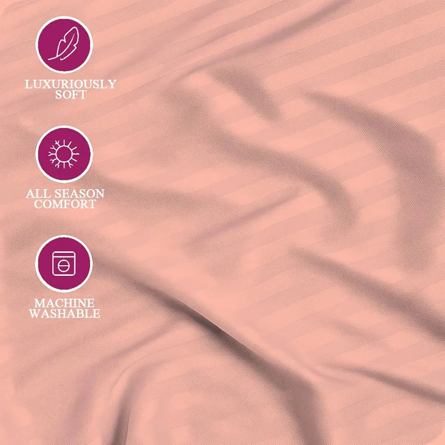 Trance Home Linen 100% Cotton 78x72 inch King Fitted 200TC Satin Stripe Elastic Fitted Bedsheet with 2 Pillow Covers Colour Peach