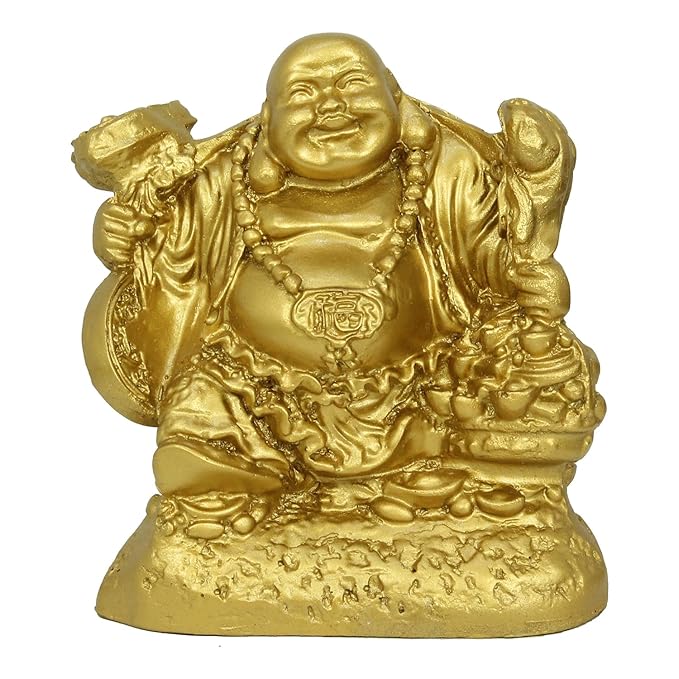 Tied Ribbons Golden Laughing Buddha Idol Statue Showpiece for Money Wealth and Good Luck