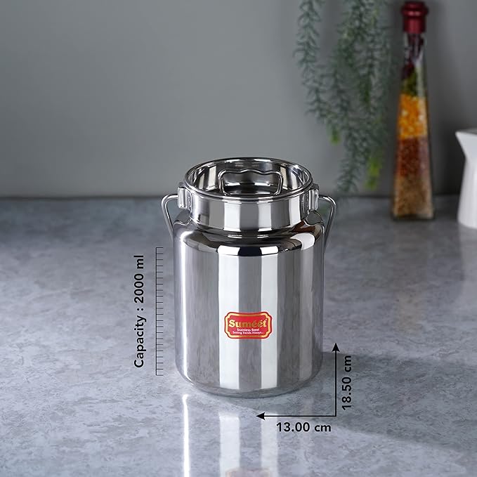 Sumeet Stainless Steel Akhand Jointless Milk Pot with Lid 2000 ml Capacity 13Cm Silver