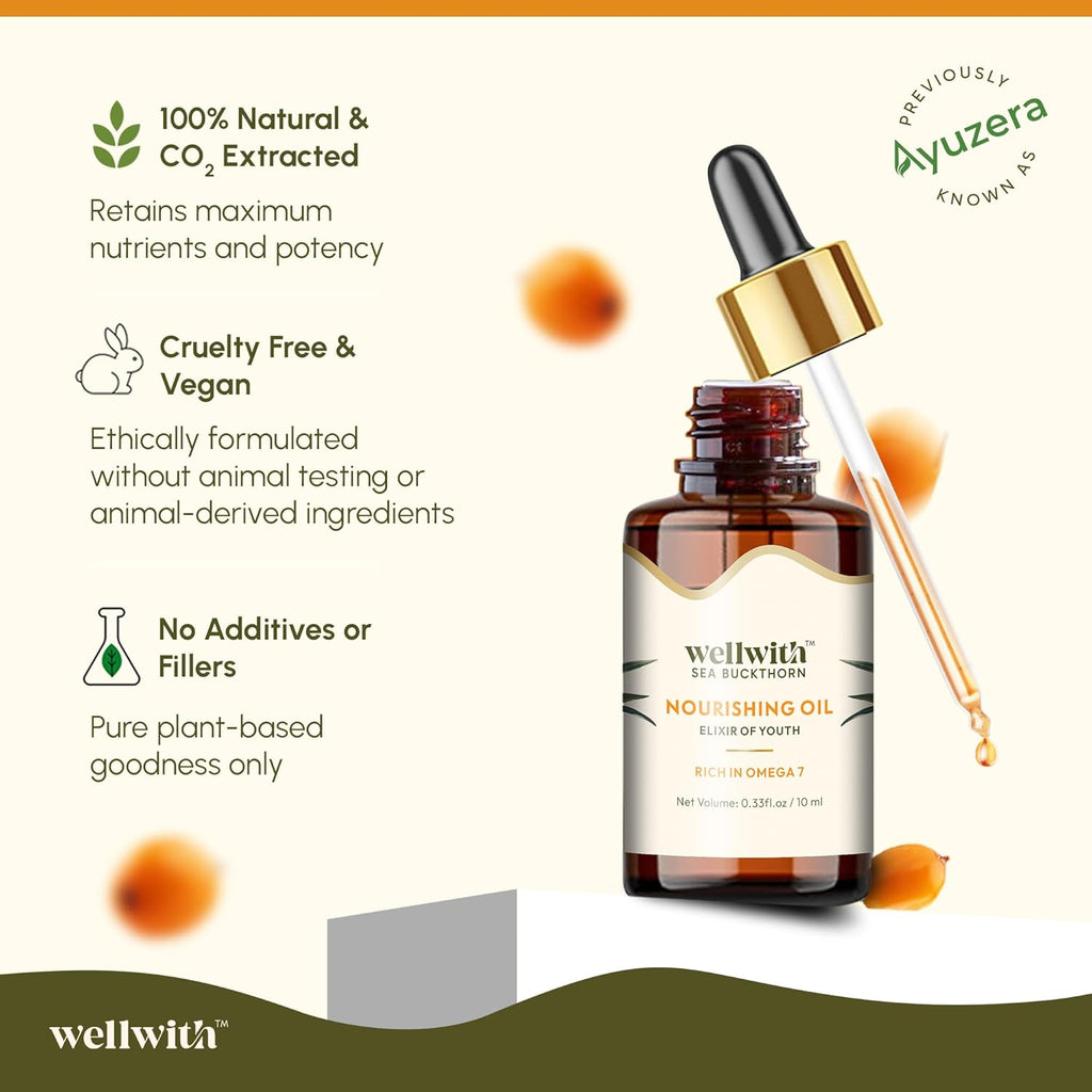 Wellwith (Ayuzera) Sea Buckthorn Berry Oil 10ml | Face & Hair Serum | Nourishing Oil | Omega 3,6,7 & 9 | Collagen Boosting | Dull Skin & Fine Lines & Dark Spots | For Smooth, Glowing Skin (Pack of 1)