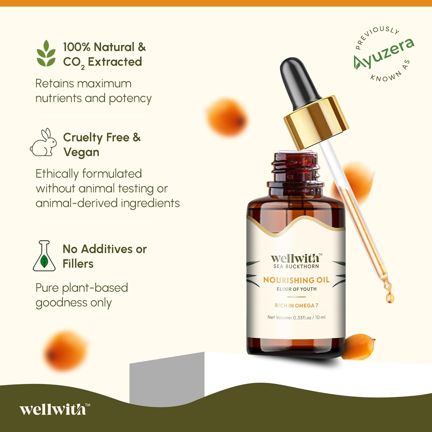 Wellwith (Ayuzera) Sea Buckthorn Berry Oil 10ml | Face & Hair Serum | Nourishing Oil | Omega 3,6,7 & 9 | Collagen Boosting | Dull Skin & Fine Lines & Dark Spots | For Smooth, Glowing Skin (Pack of 1)