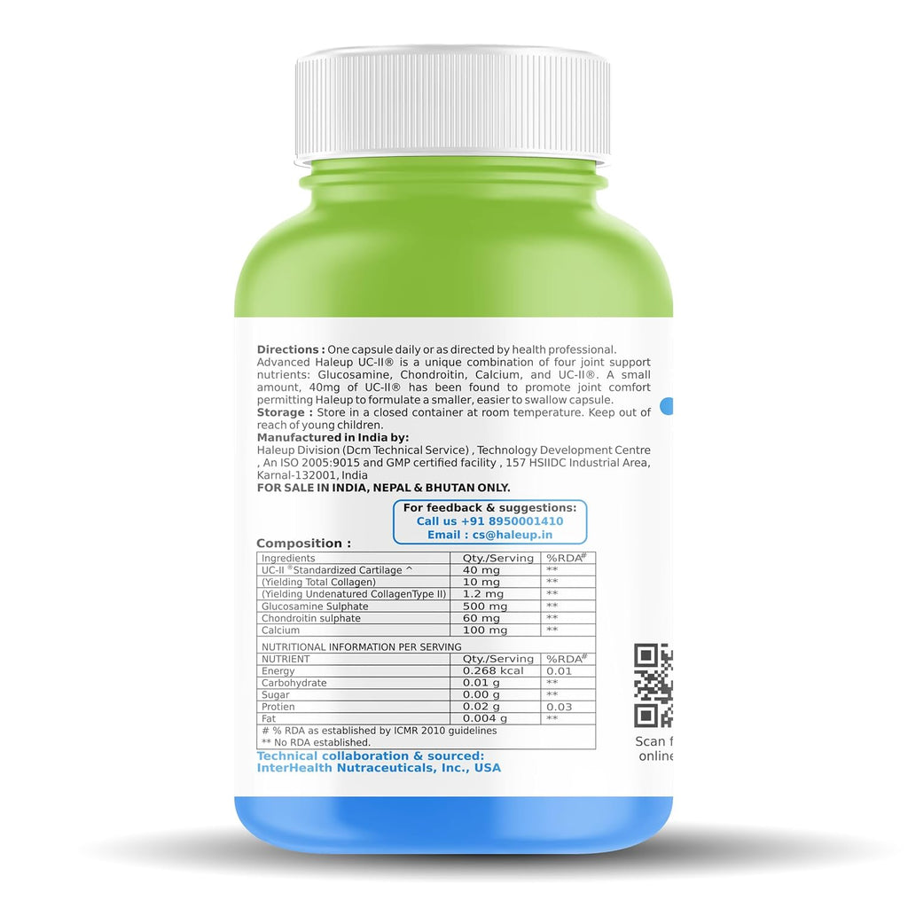 Haleup Advanced UC-II USA ,Undenaturated Natural Type 2 Collagen,Glucosamine,Chondroitin And Calcium |Improves - Bones Strength,Joints & Promote Healthy Skin - 60 Veg Capsules (Pack Of 1)