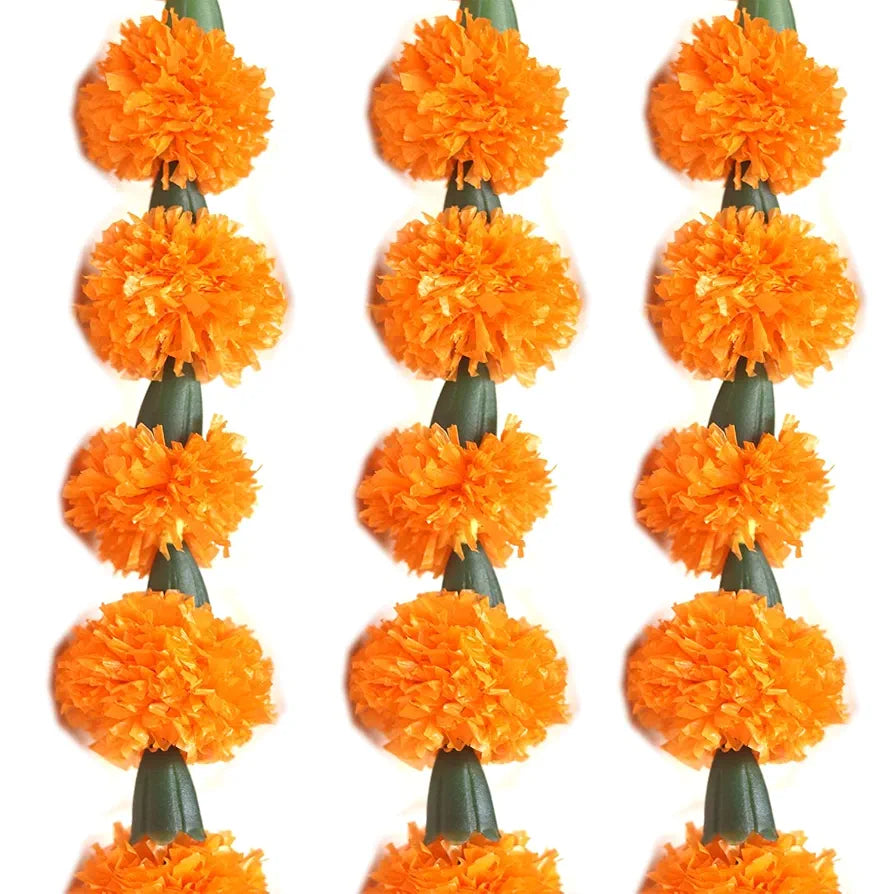 Reusable Artificial Flowers Hanging Garlands Artificial Marigold Genda Flowers Toran Pack of 3 Orange