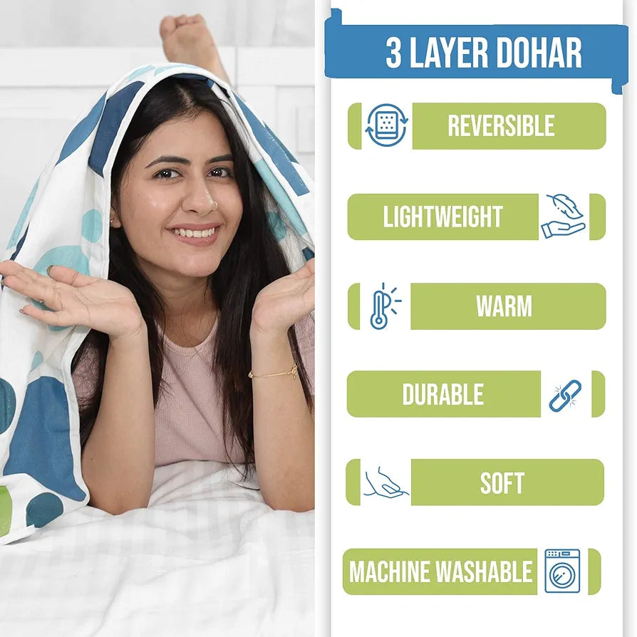 Divine Casa 100% Cotton All Season Reversible Dohar Double Bed Size AC Blanket Lightweight Bed Blanket TC - 120 Colour Emerald and Aqua