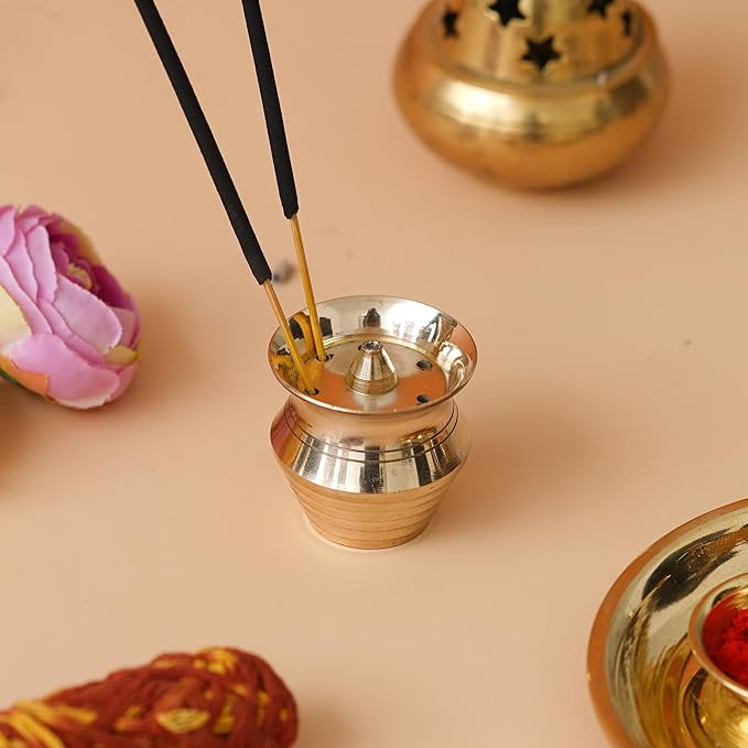 Ecraftindia Golden Pot Shape Brass Agarbatti Stand for Pooja | Incense Stick Holder With Ash Catcher | Agarbatti Holder