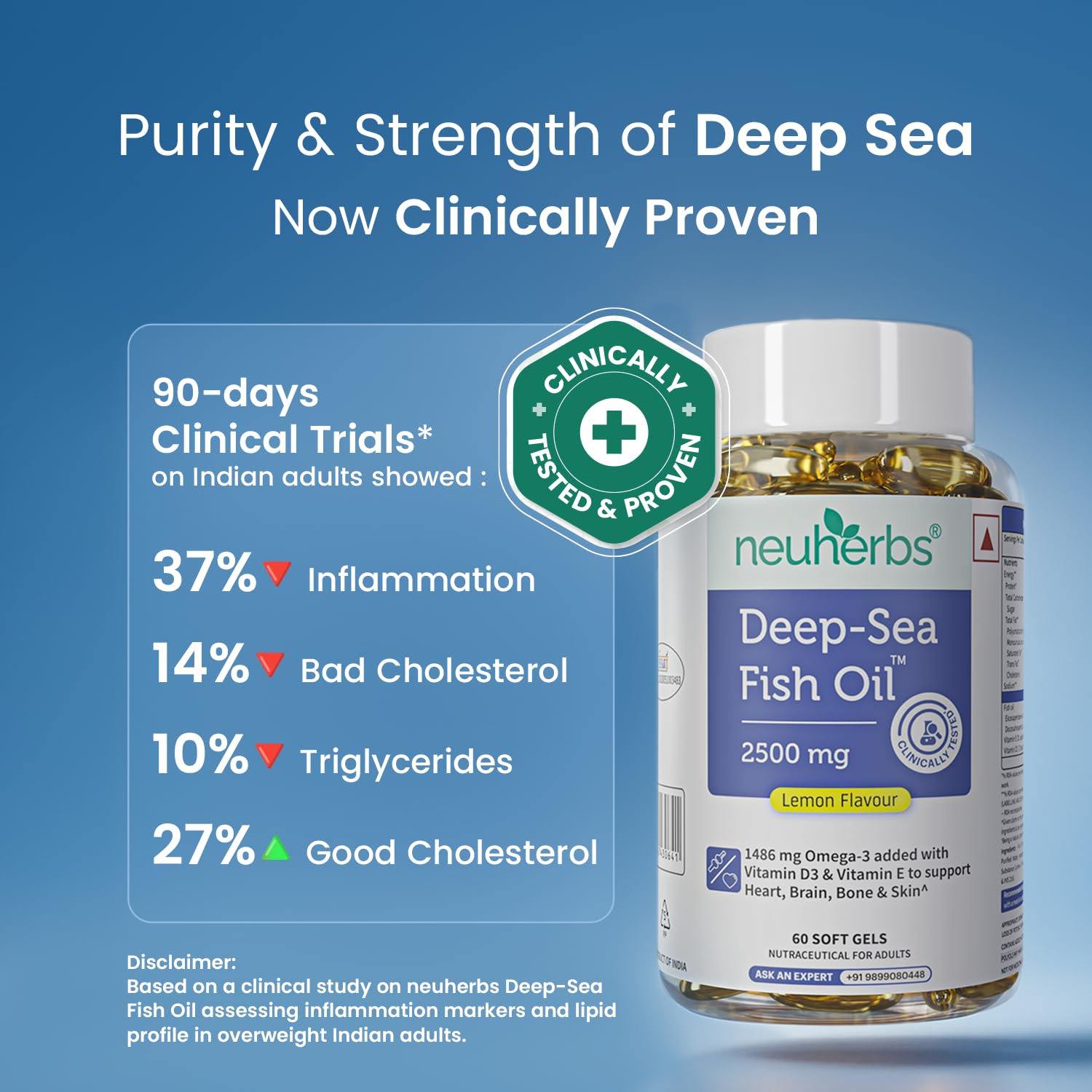 Neuherbs Deep Sea Omega 3 Fish Oil - Omega 3 Supplement Triple Strength 2500 Mg (Essential Fatty Acid Combination of 1486 mg 892 mg EPA 594 mg DHA/serving), Lemon Flavour- 60 Softgel