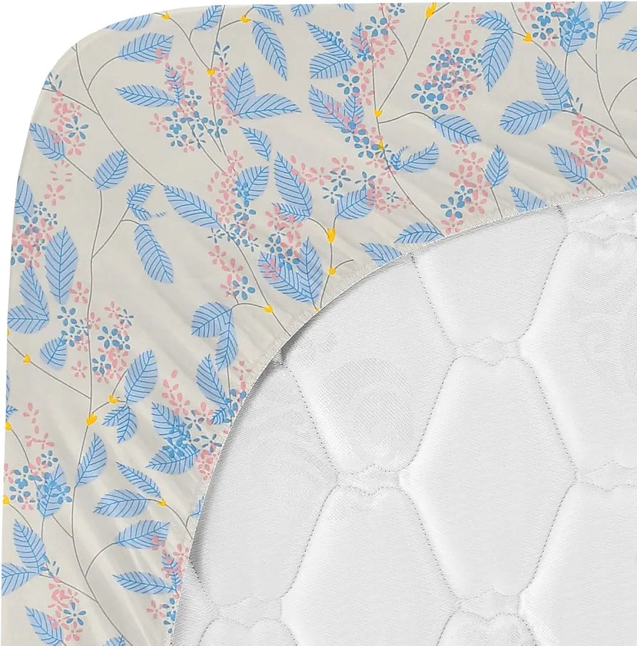 Homekart Premium Cotton Elastic Fitted Bedsheets with 2 King Size Pillow Covers Double Bed with Flower Print Off White and Blue 200 tc - 220 tc
