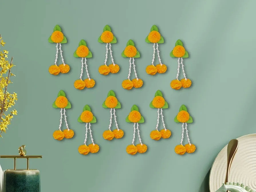 Plastic Artificial Flowers And Leaves Decoration Pack of 12 - L Orange & Green