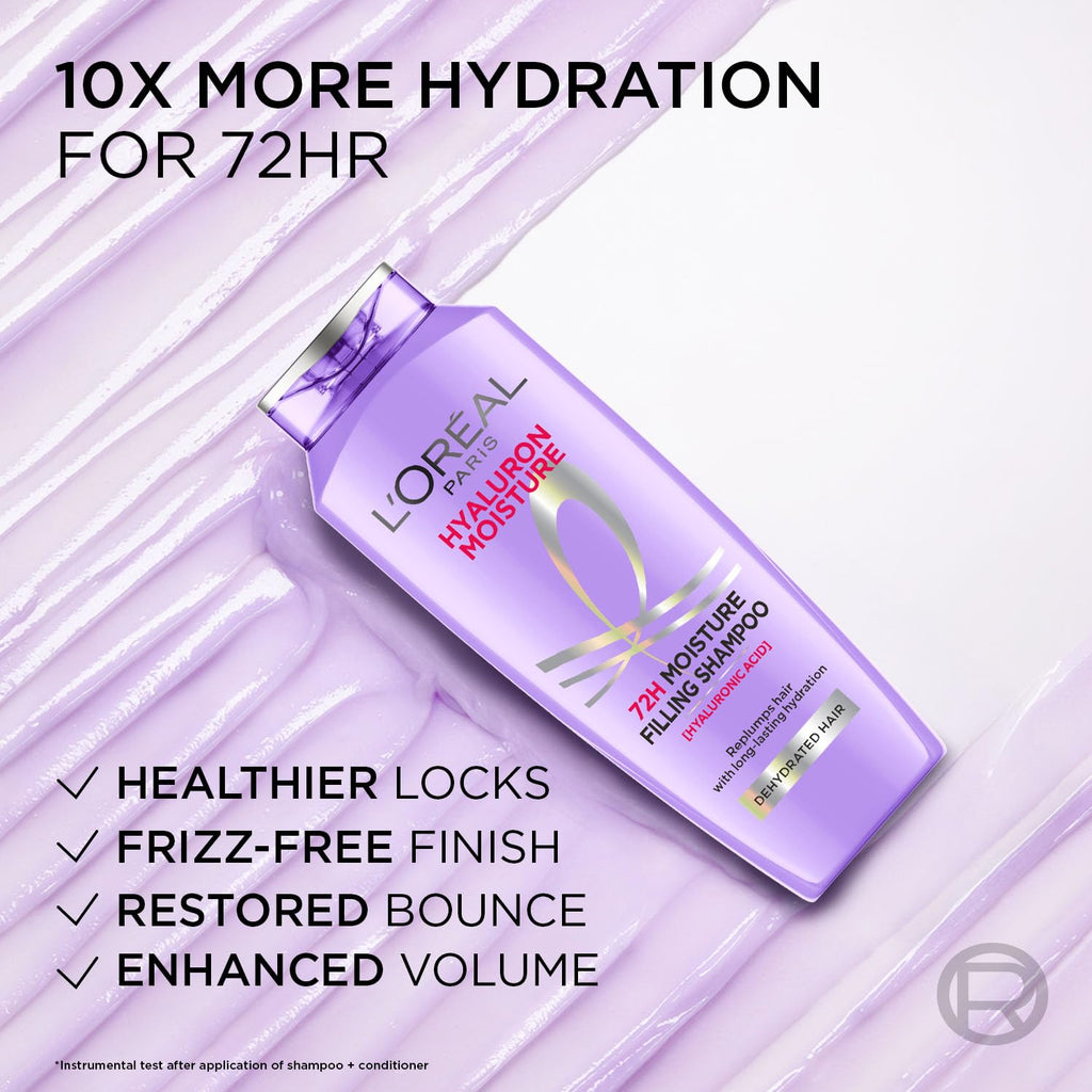L'Oreal Paris Moisture Filling Shampoo, With Hyaluronic Acid, For Dry & Dehydrated Hair, Adds Shine & Bounce, Hyaluron Moisture 72H, 200ML.