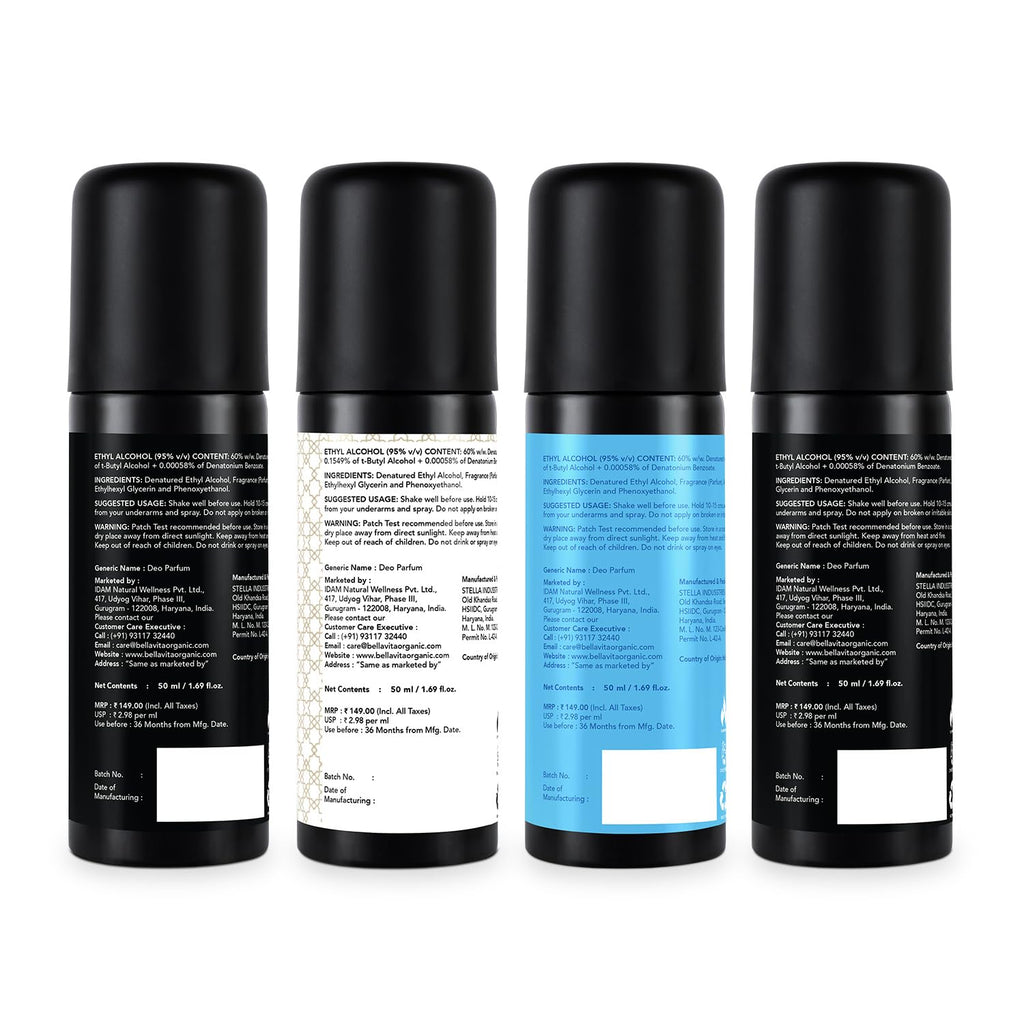 Bella Vita Luxury Unisex Body Perfume Gift Set | Deodorant for Men & Women | Pack of 4 x 50ml | No Gas Deo for Man and Woman | Long Lasting Fragrances with Lemon, Blackcurrant, Lavender & Bergamot