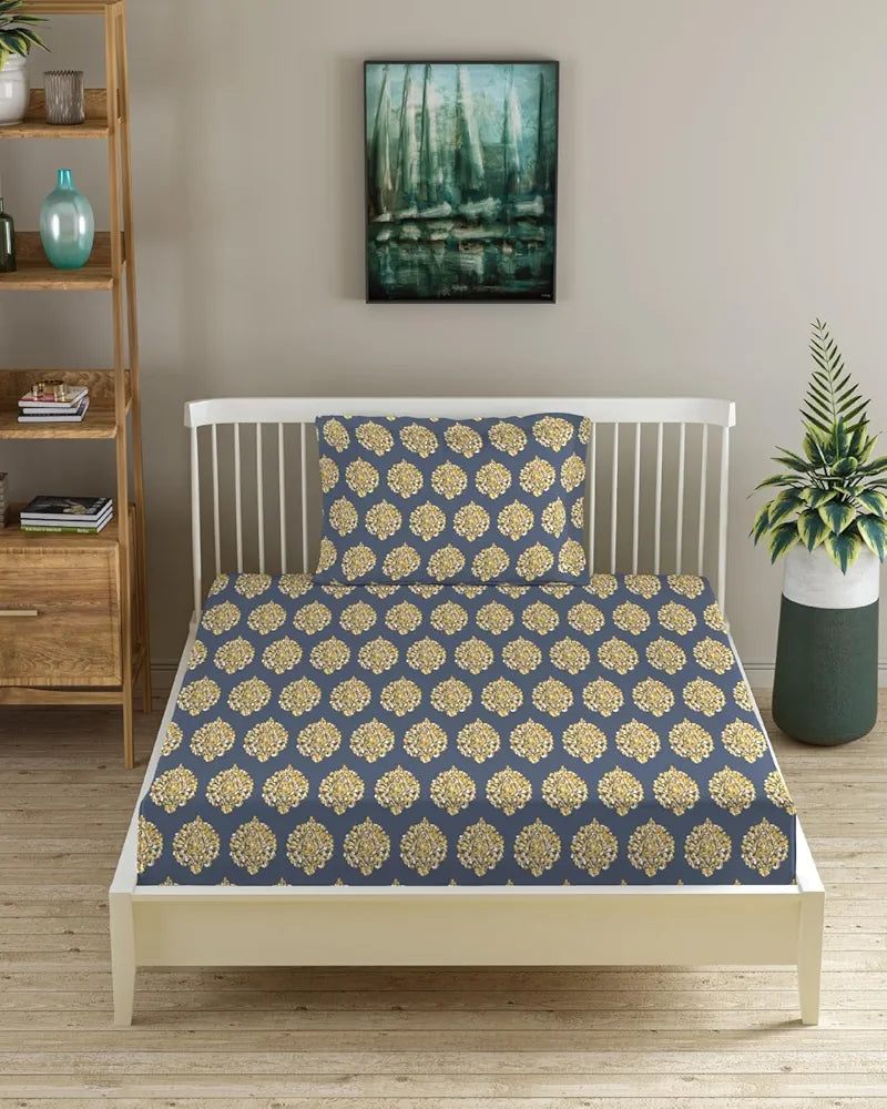 Trance Home Linen 200TC 100% Cotton 78"x36" Single Size Elastic Fitted Bedsheet Printed with 1 Pillow Cover Colour Damask Warm Grey Mustard