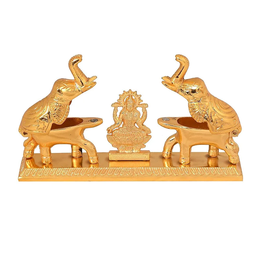 Chhariya Crafts Metal Elephant Pair With Laxmi Idol Chandan Roli Pair Kumkum Box - 7 Cm