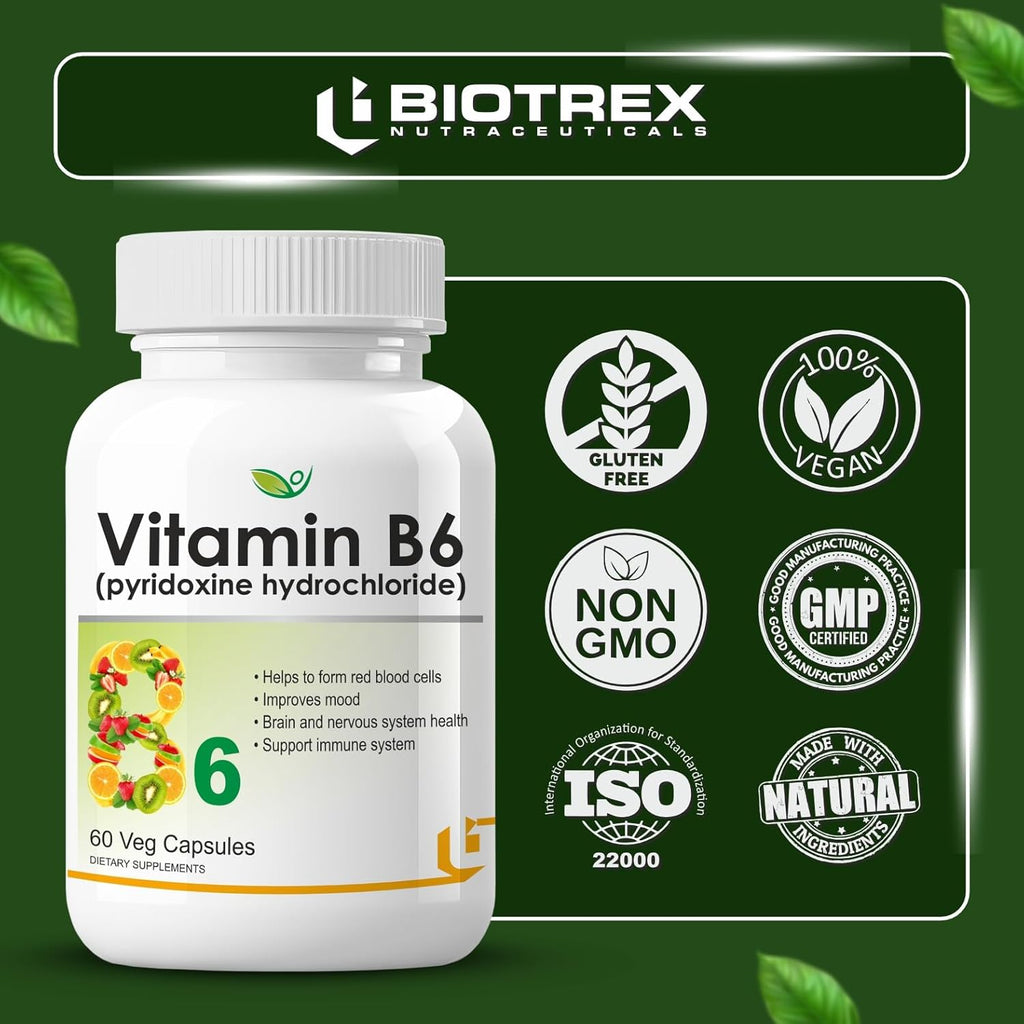 Biotrex Nutraceuticals Vitamin B6 (Pyridoxine Hydrochloride) Supplement | 60 Veg Capsules