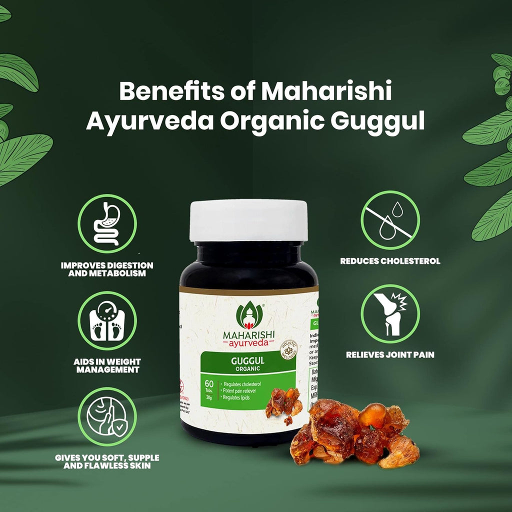 Maharishi Ayurveda Organic Guggulu Tablets | Supports Healthy Cholesterol Levels & Digestion| Joints Detoxification | Weight Management | Antioxidant - 60 Tablets