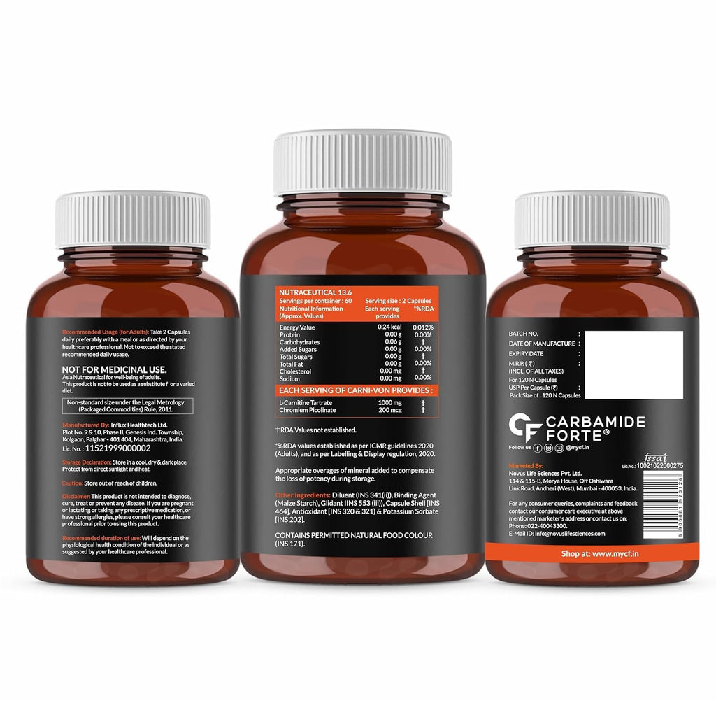 Carbamide Forte L carnitine Tablets For Men & Women | L-Carnitine Supplement To Support Energy, Recovery & Metobolism | L Carnitine L tartrate 1000mg Helps Convert Fat Into Energy - 120 Capsules