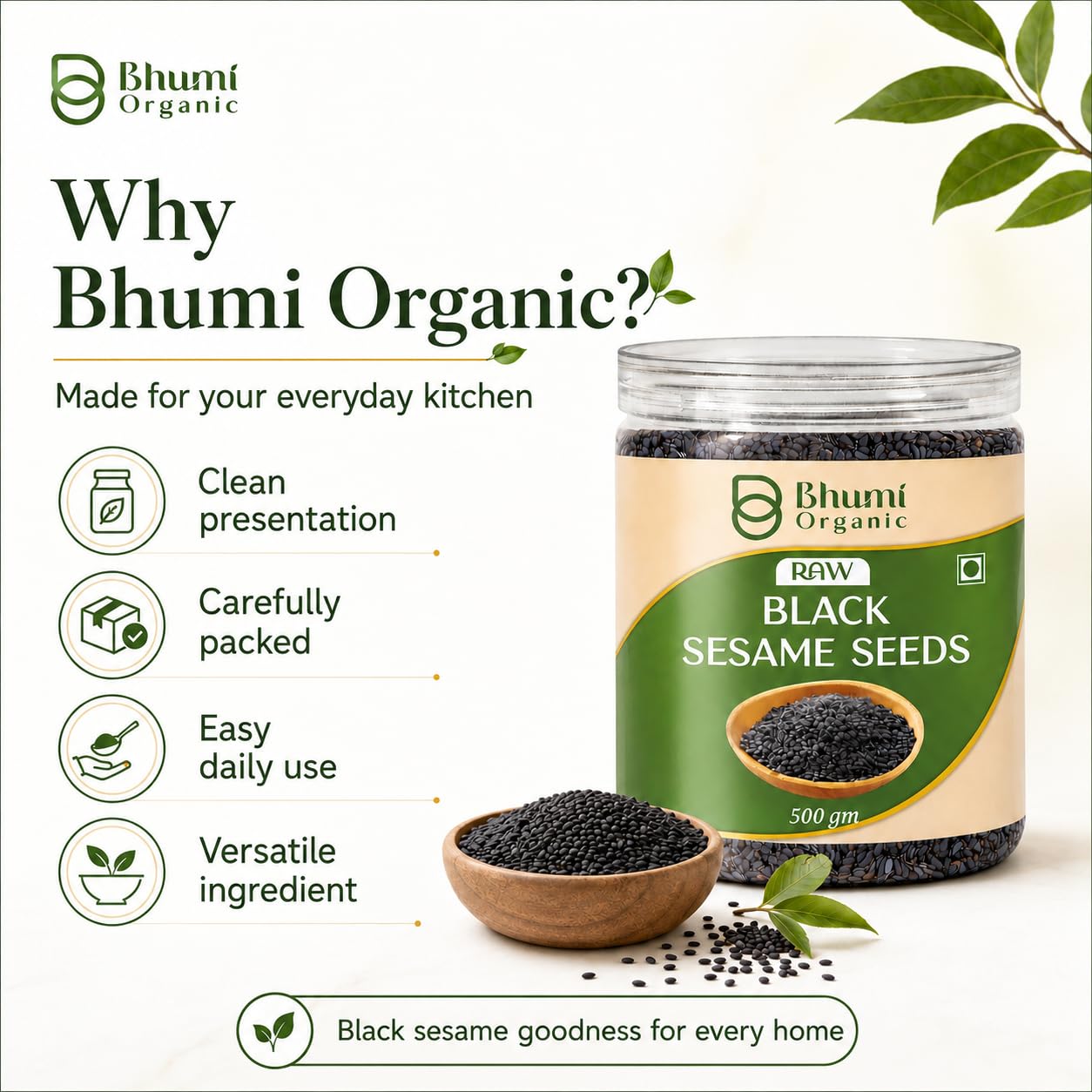 Bhumi Organic Black Sesame Seeds 500g | Til for Eating, Natural Black Gingelly Oil Seed, Nutrient Rich
