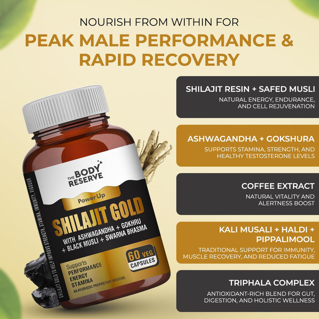 The Body Reserve Shilajit Gold Capsules For Men Himalayan Shilajeet With 24 Carat Gold, Gokshura, Ashwagandha, Kali Musli & Other Herbs For Stamina, Muscle Growth & Energy Ayurvedic 60 Veg Capsules