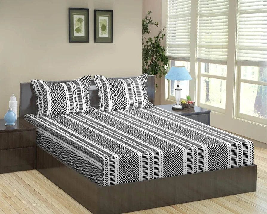 Trance Home Linen 200TC 100% Cotton 78"x60" Standard Queen Size Elastic Fitted Bedsheet Printed Queen Bed Size with 2 Pillow Covers Colour Aztec Black