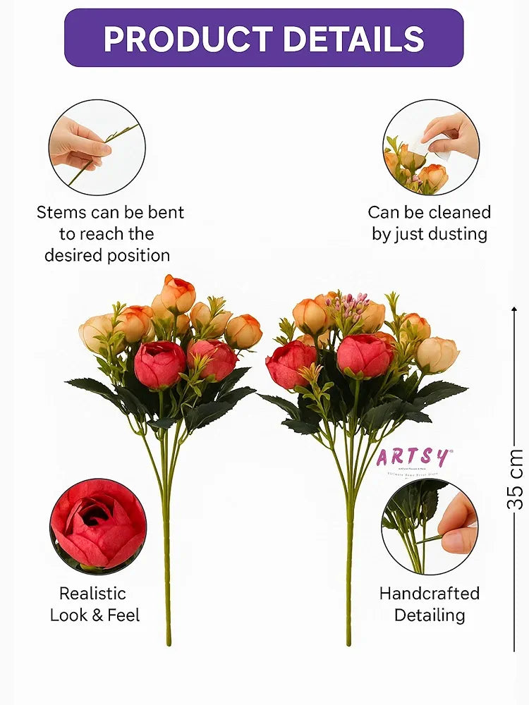 Artificial Flowers for Home Decoration Dry Peony Rose Flower Bunc Without Vase Pack of 2 Piece 6 Branches Each Peach