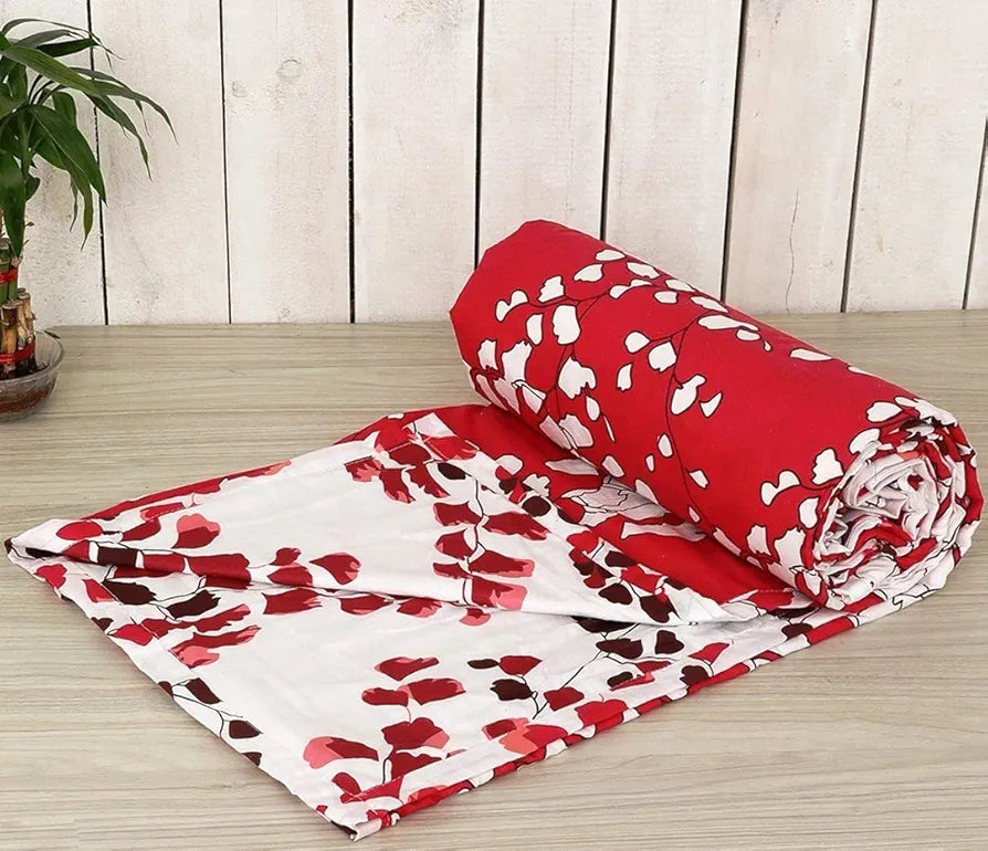 Trance Home Linen Pure Cotton Reversible Dohar Toddler Size Cotton Ac Quilt for Babies Colour Red White Leaves