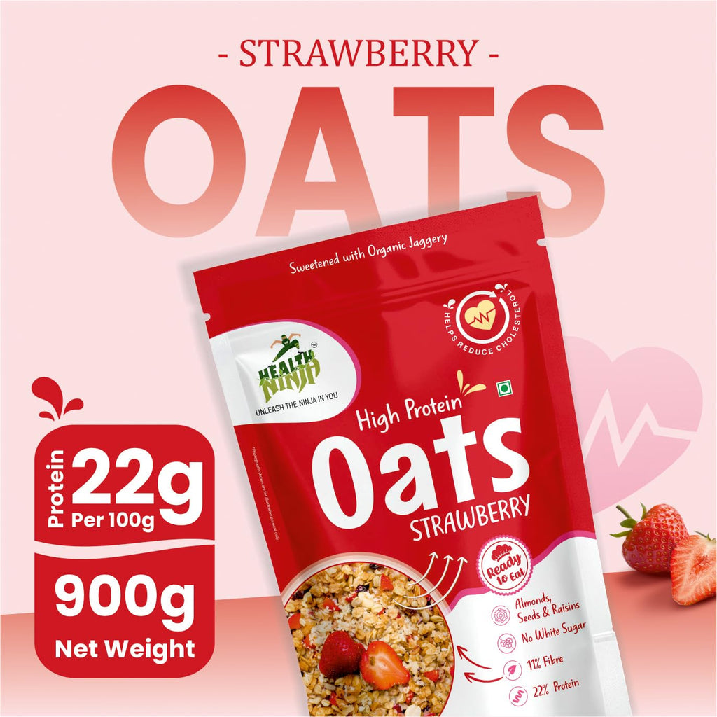 Health Ninja Strawberry Oats | High Protein Breakfast Cereal | Ideal for Oatmeal & delicious snacks | 900 gm Pack (900, Strawberry)