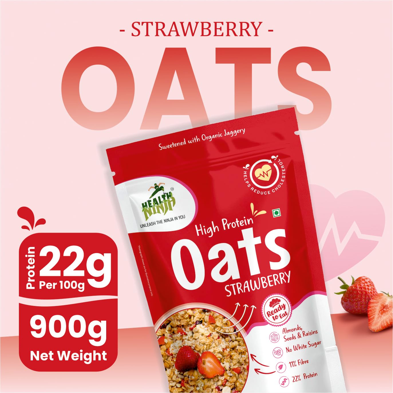 Health Ninja Strawberry Oats | High Protein Breakfast Cereal | Ideal for Oatmeal & delicious snacks | 900 gm Pack (900, Strawberry)