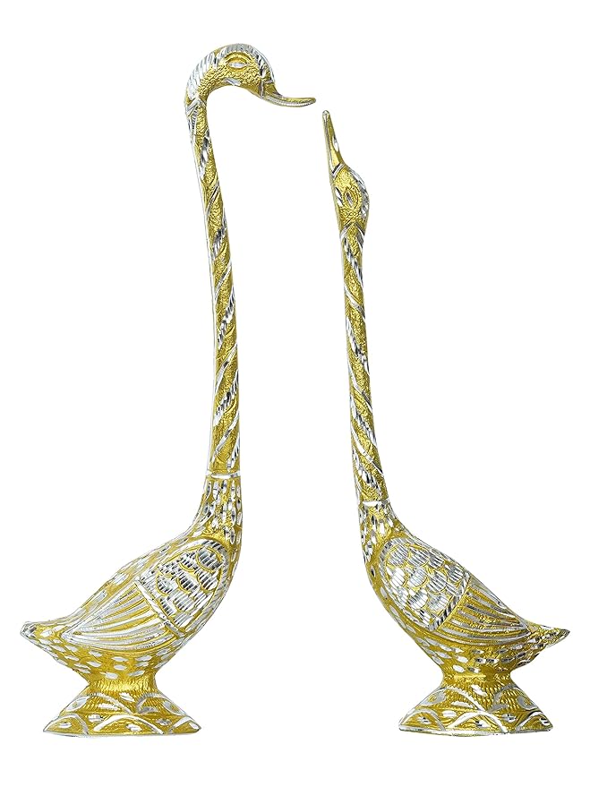 Ecraftindia Golden Metal Handcrafted Kissing Swan Couple Statues Love Birds Showpieces | Elegant Home Decor for Living Room