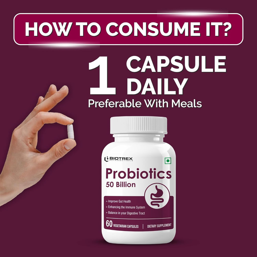 Biotrex Nutraceuticals Probiotics 50 Billion With 150mg Prebiotics Supplement For Gut Health - 60 Capsules