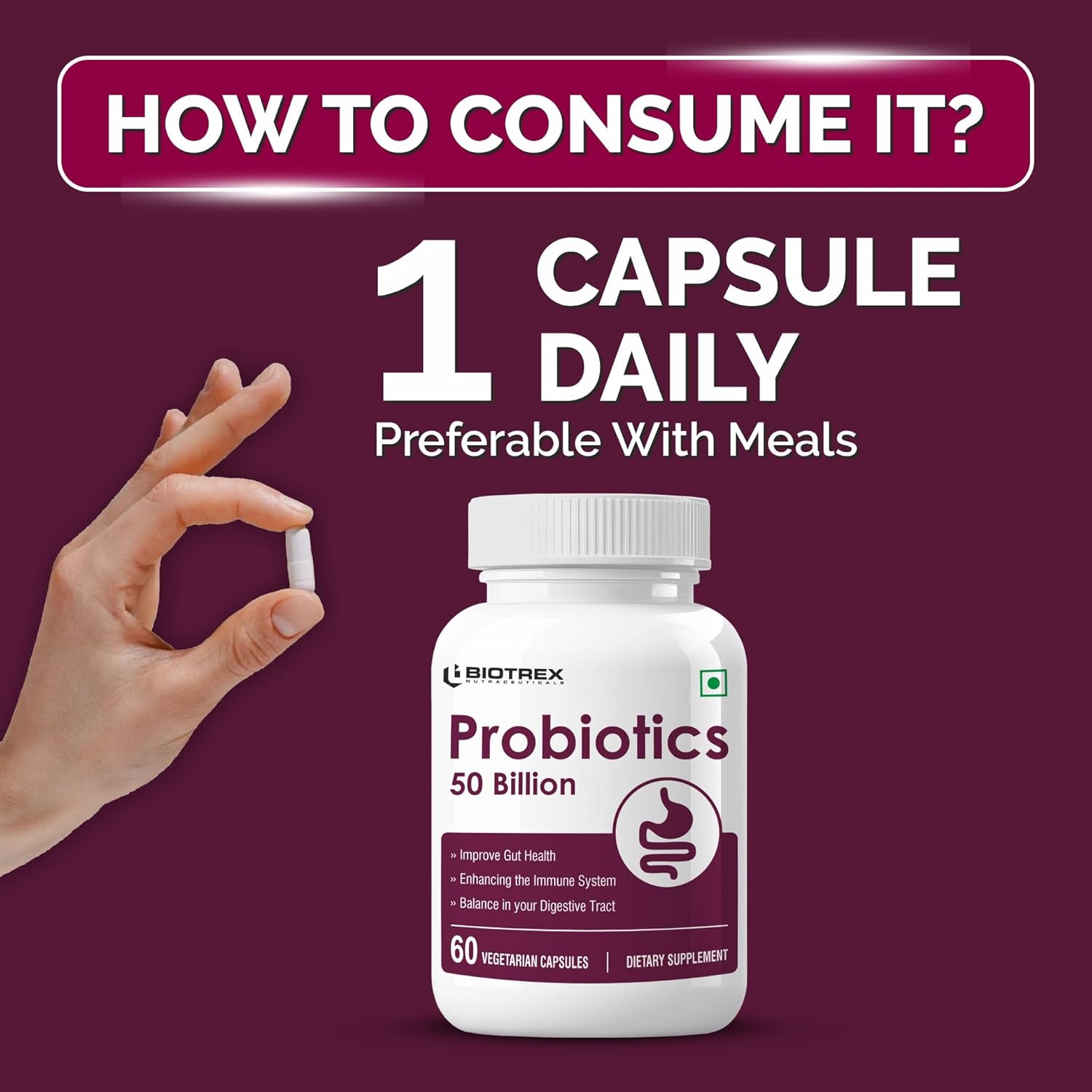 Biotrex Nutraceuticals Probiotics 50 Billion With 150mg Prebiotics Supplement For Gut Health - 60 Capsules