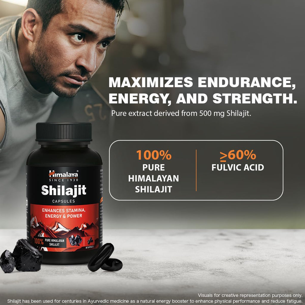 Himalaya Shilajit | 100% Pure Shilajit I 60 Capsules | Enhances Stamina, Energy, and Power | Supports Healthy Testosterone Levels