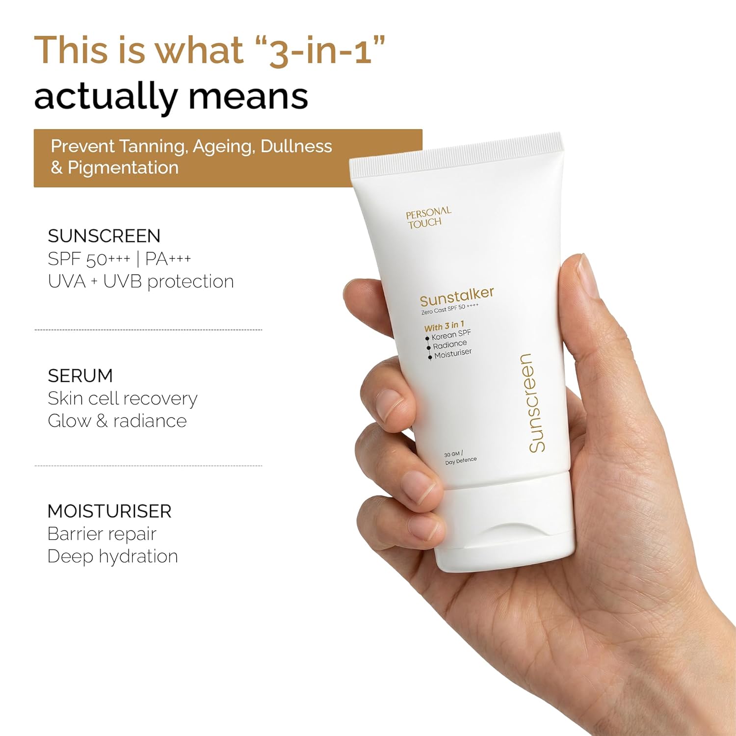 Personal Touch Sunscreen SPF50 PA++++ for Face | Sunstalker Korea 3 in 1 Formula | with Niacinamide | Tanning & Aging Defense | Lightweight No White Cast | Oil-Free, Acne Safe | 30 ml