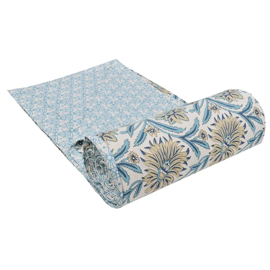 Trance Home Linen 150 GSM 100% Cotton Reversible Dohar Double Bed Size Jaipuri Printed Artisan Block Design Blanket Colour Flora Blue