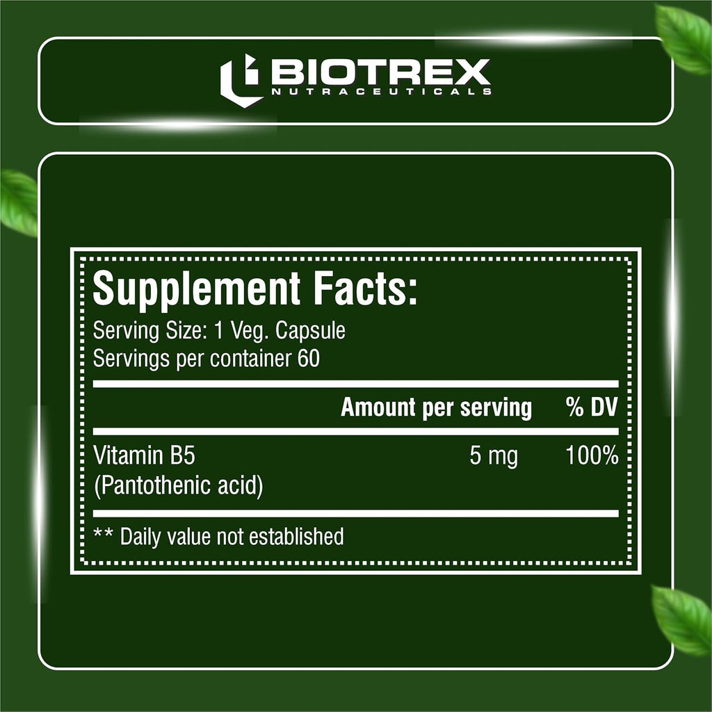 Biotrex Nutraceuticals Vitamin B5 (Pantothenic acid) Supplement | Daily 100% RDA | Energy & Metabolism | Nerve Health | Healthy Cholesterol Levels | Hair, Skin & Nails | Lab Tested | 60 Veg Capsules
