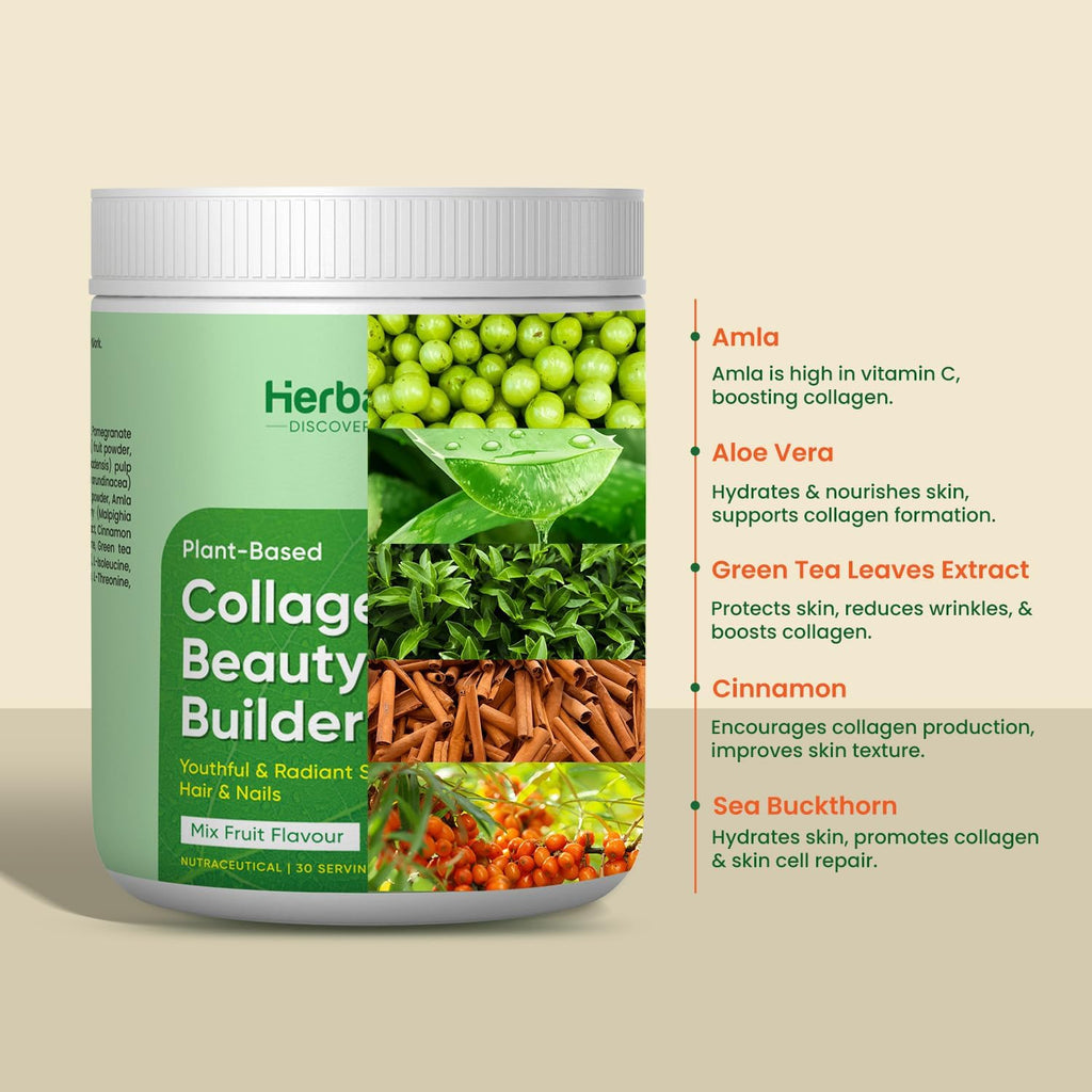 Herbalmax 100% Veg Collagen Beauty Builder 97.5g Plant-Based Collagen Supplement for Hair, Skin, Nails & Joints | With Vitamin C & E | Mixed Fruit Flavour | Naturally Gluten-Free & No Added Sugar