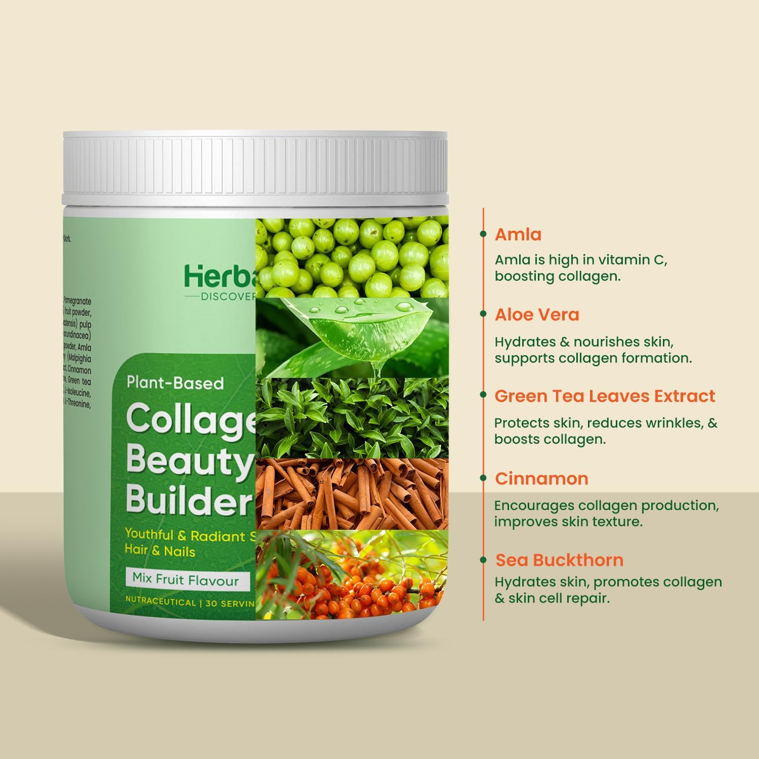 Herbalmax 100% Veg Collagen Beauty Builder 97.5g Plant-Based Collagen Supplement for Hair, Skin, Nails & Joints | With Vitamin C & E | Mixed Fruit Flavour | Naturally Gluten-Free & No Added Sugar