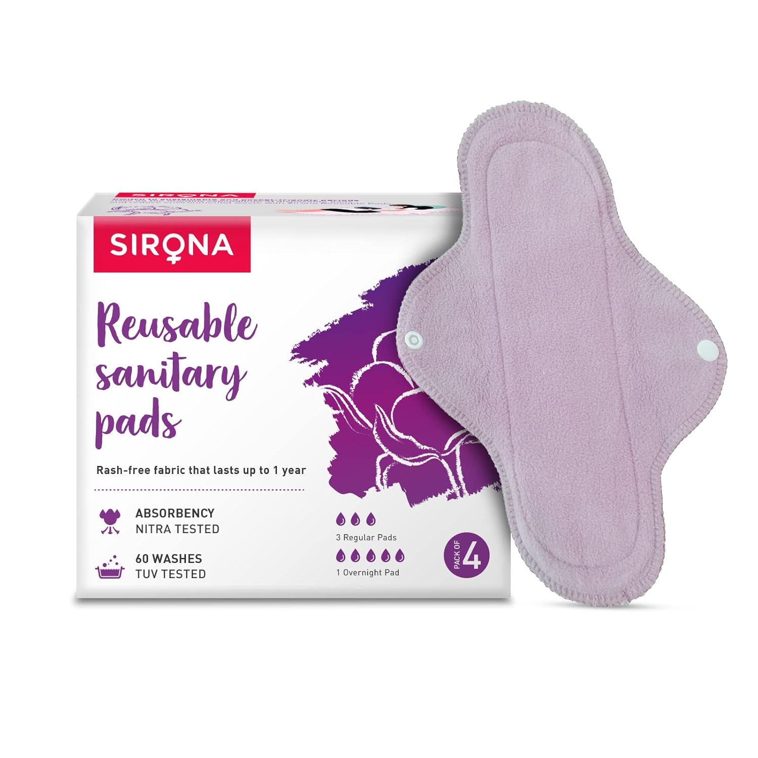 Sirona Reusable Pad for Women and Girls | (Pack of 4)| 3 Regular Pads + 1 Overnight Pad | Soft Cloth Pads for Women for Period, Reusable Rash Free Fabric, Skin Friendly, Lasts Up To 1 Year