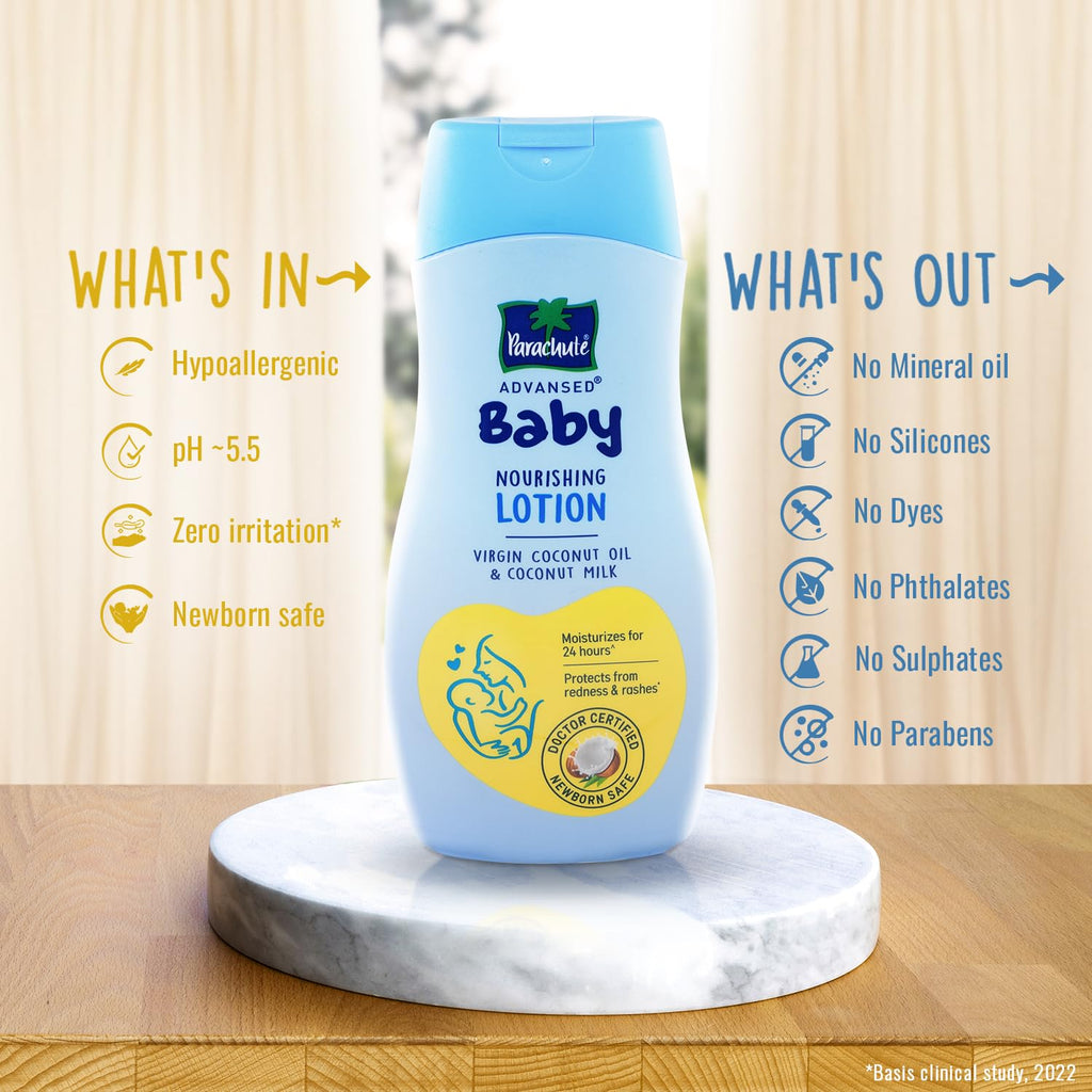 Parachute Advansed Baby Lotion for New Born Babies|Doctor Certified|Virgin Coconut Oil & Coconut Milk|Ph 5.5|24 Hour Moisturization|200Ml, Blue