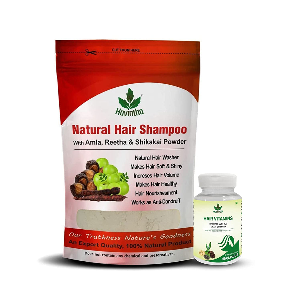Havintha Natural Hair Shampoo With Amla, Reetha And Shikakai Powder - 227 Gm & Hair Vitamin Capsules - 60 Veg Capsule