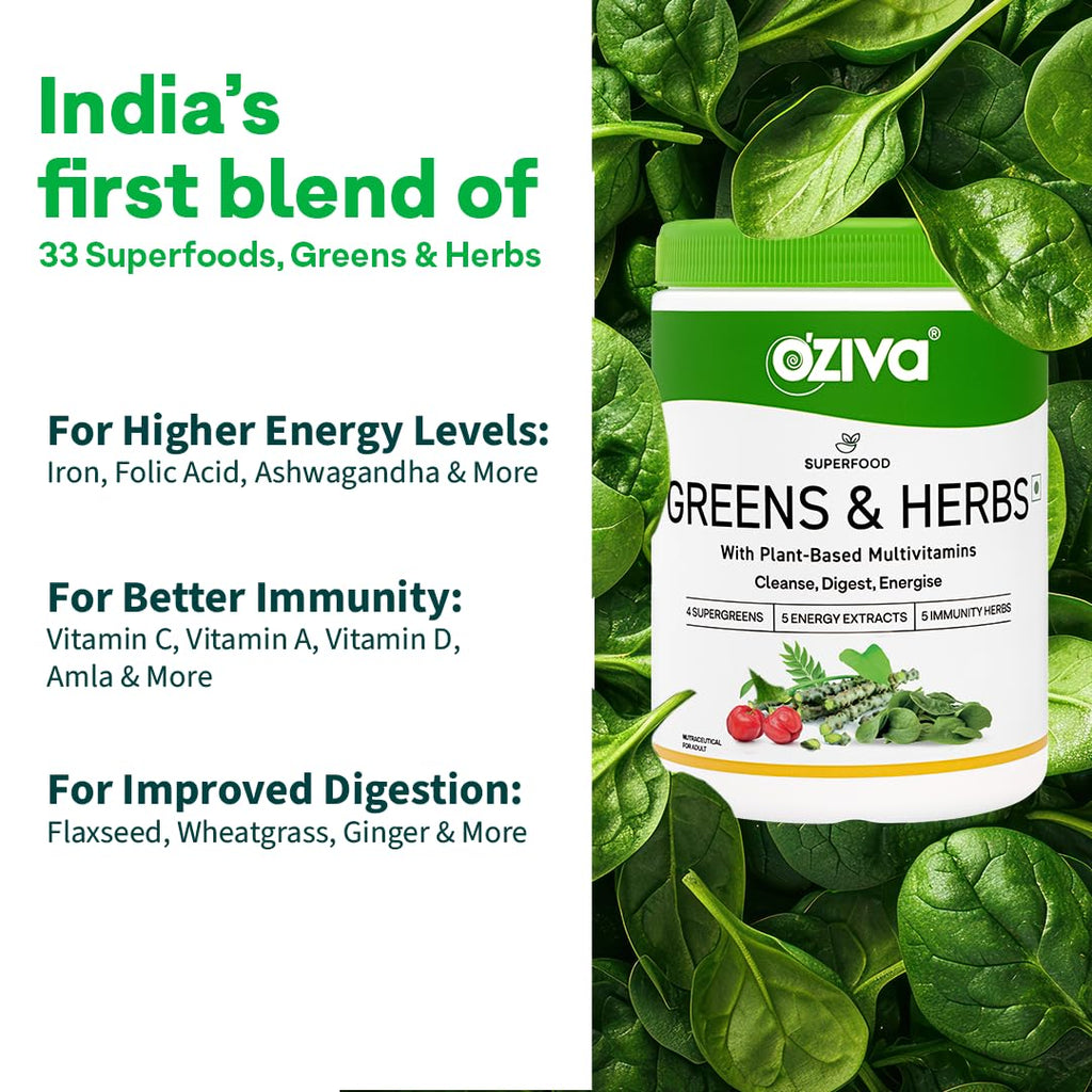 OZiva Superfood Greens & Herbs for Acne Control, Skin Health & Digestion | Daily Greens and 35+ Superfoods, Herbs, Chlorella & Moringa, 200 g