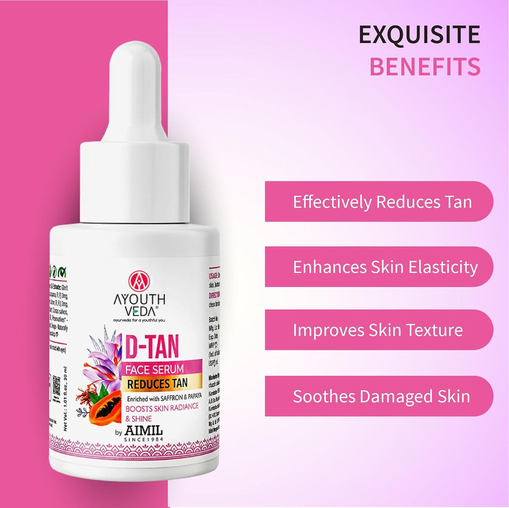 Ayouthveda D-Tan Face Serum Enriched With Saffron & Papaya For Nourished Skin| Address sun damage and achieve a revitalized, Boosts Skin Radiance | For Men & Women| Effectively reduces tan 30ml